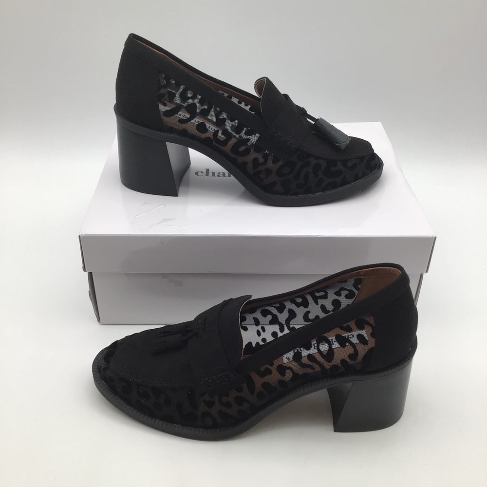 Charles David Katie Black Leopard Mesh Platform Heeled Tassel Loafer Size 8M NEW